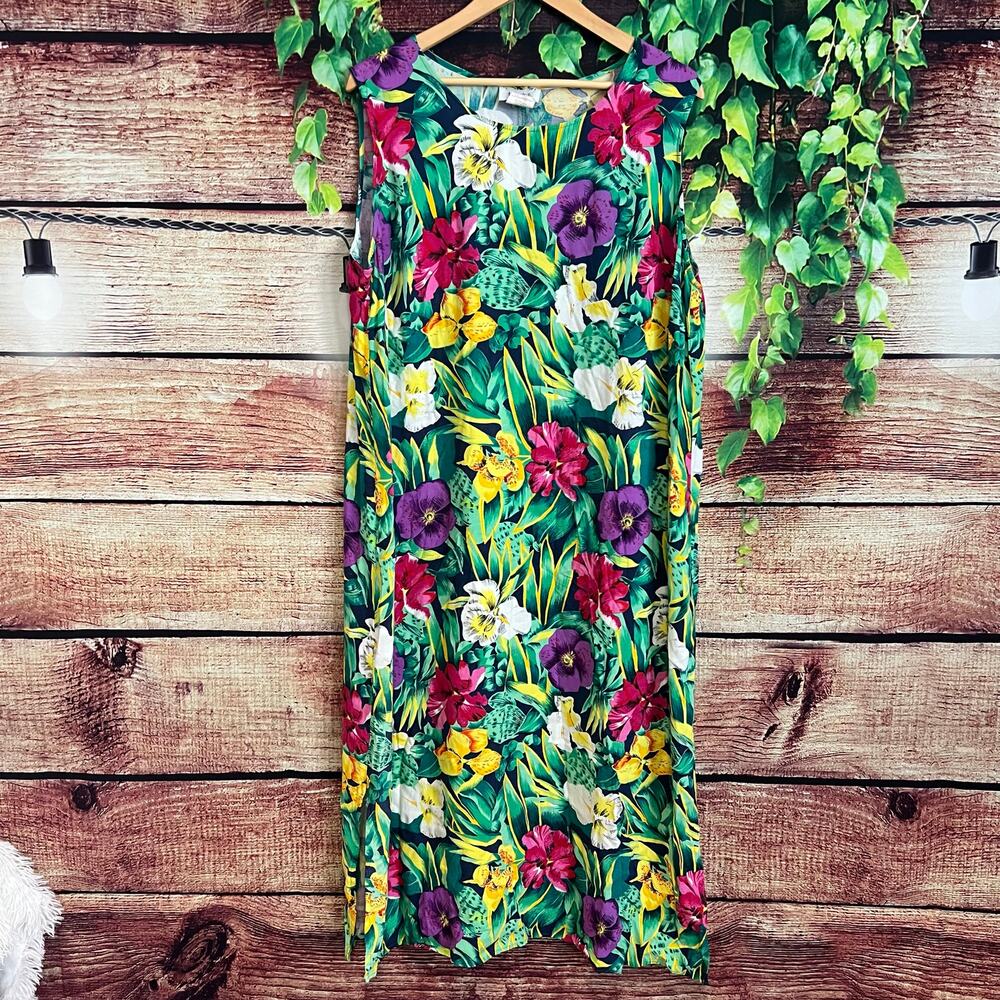 Vintage Teddi Floral Midi Dress 2X Tropical Hawaiian Sleeveless Colorful Rayon